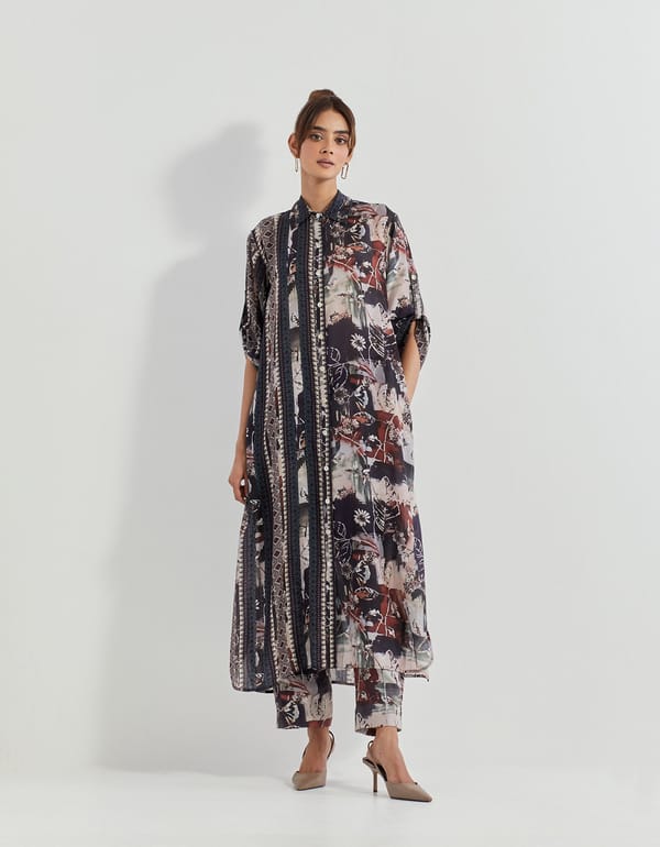 Black Printed Modal Silk Kurta Set with Button-Down Front — Kavita Bhartia