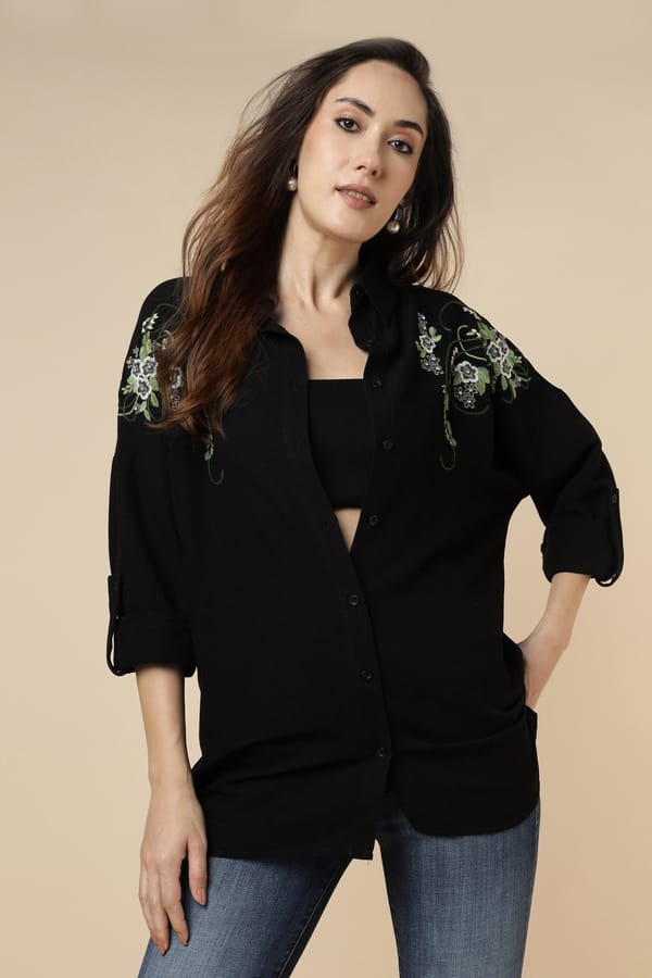 Black Button-Down Shirt with Floral Shoulder Embroidery — BURRASCA
