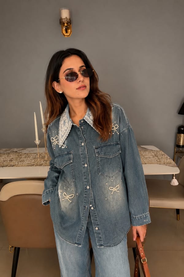 Lace Collar Pearl Detail Denim Shirt — CLOSET AFFAIR