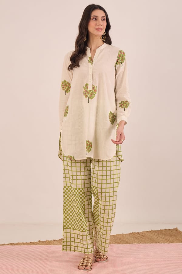 Ivory Tunic and Olive Check Wide-Leg Pants Co-ord Set — SHIVANI BHARGAVA