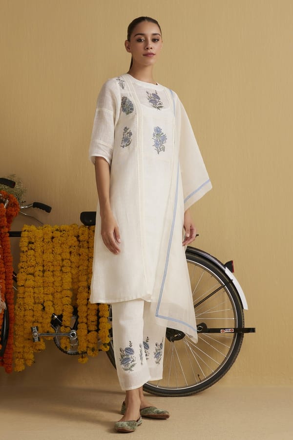Off White Linen Embroidered Straight Kurta Set with Dupatta — YELL