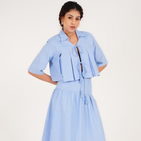 Blue Chambray Boxy Crop Top with Front Tie-Ups — Western Era