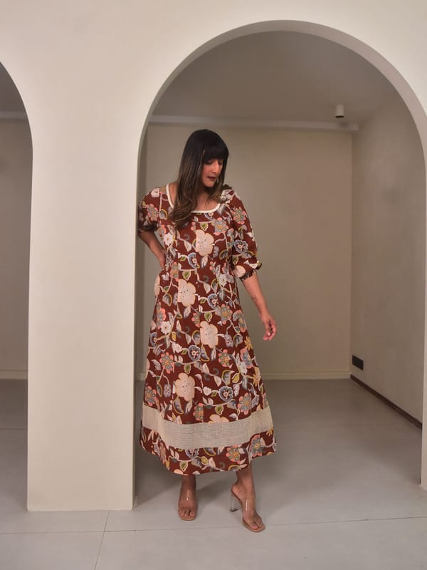 Brown Floral Square-Neck Panelled Midi Dress — Why So Blue
