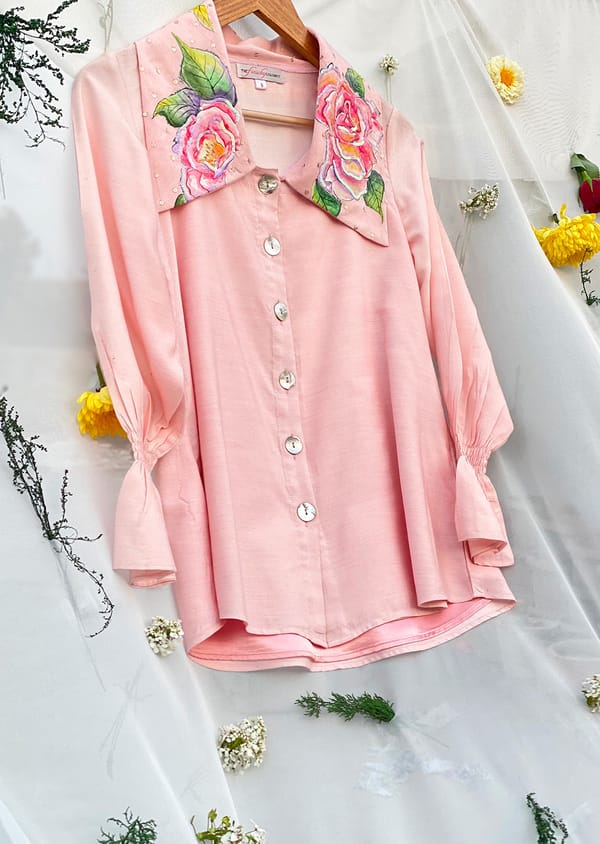 Rose Pink Hand-Painted Collar Cotton Chanderi Shirt — THE FINICKY COLORIST