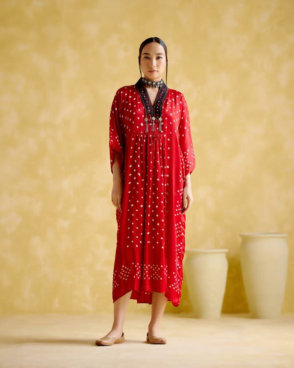 Red Bandhani Print Kaftan with Mirror Work V-Neck — 5 Elements