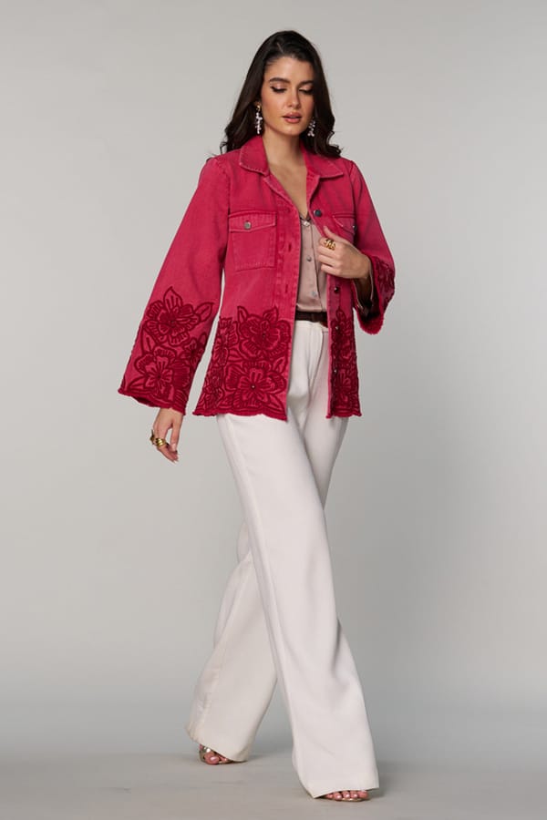 Pink Cutwork Embroidered Belted Jacket — Style Island