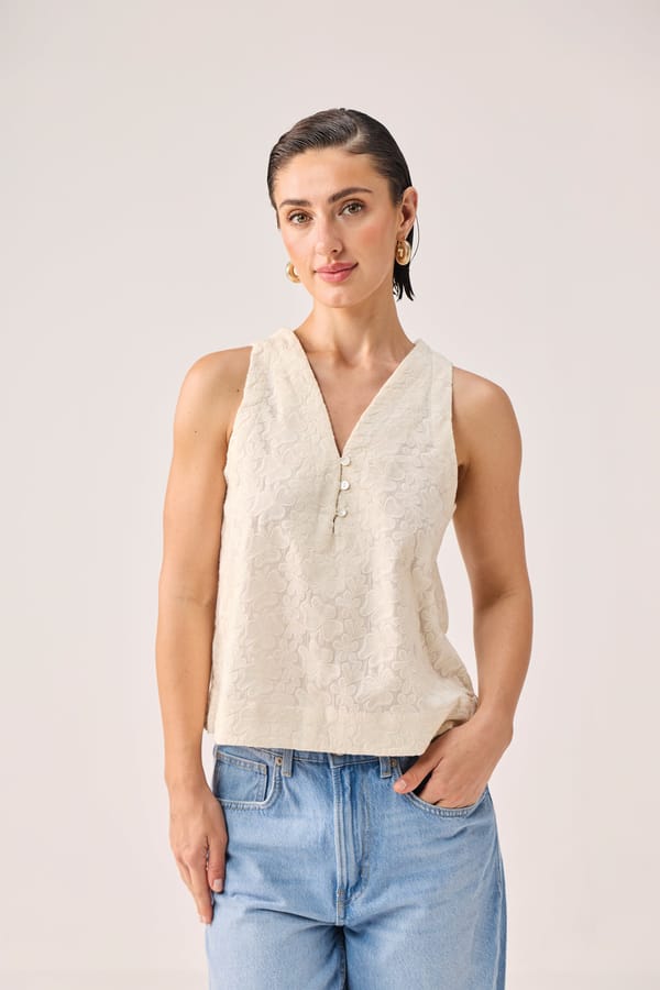Embroidered Button Front Neck Top in Cream — REISTOR