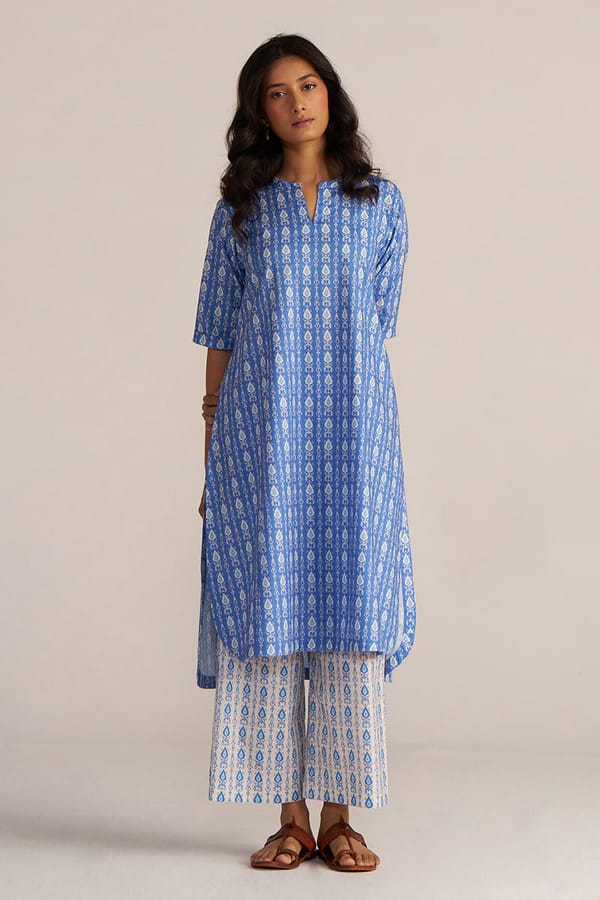 Blue and White Printed Cotton Kurta Co-ord Set — Ganga Fashions Pvt Ltd