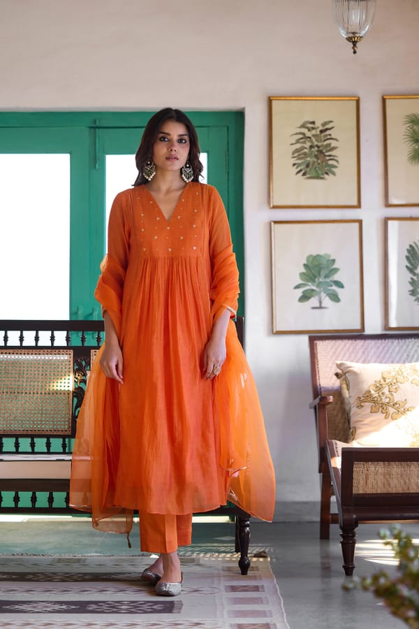 Orange Silk Chanderi Embroidered A-Line Kurta Set — Trendy Tokari