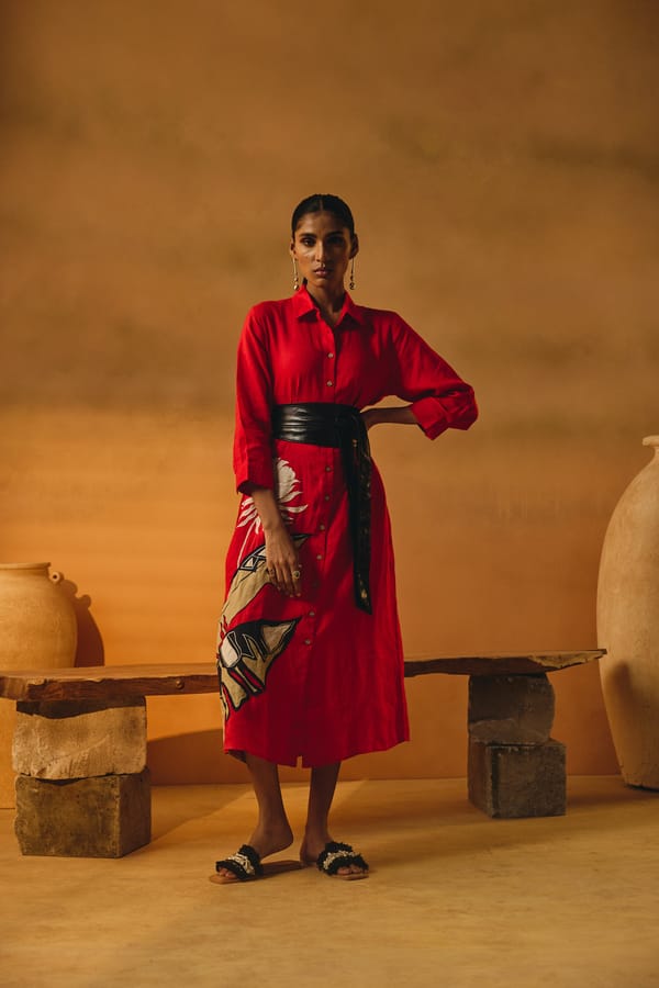 Red Linen Midi Shirt Dress with Palm Leaf Embroidery — Linen Bloom