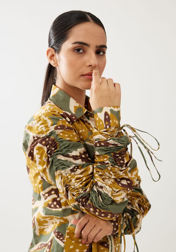 Olive And Mustard Floral Smocking Sleeve Shirt — KoAi