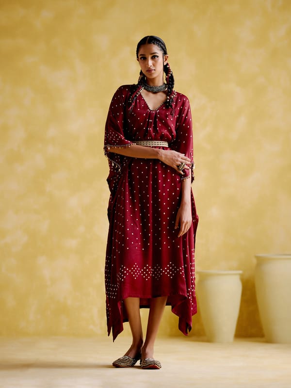 Maroon Bandhani Modal Satin Kaftan with Waist Tie — 5 Elements