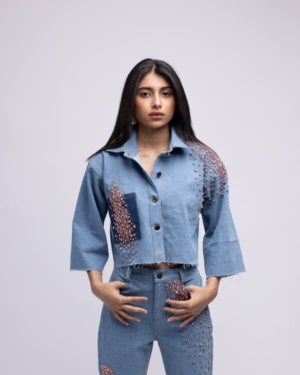 Light Blue Cropped Denim Shirt with Rhinestone Embellishment — MAGIA