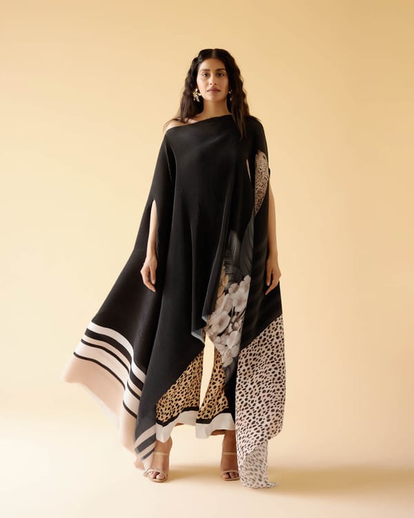 Black Pleated Satin Cape with Printed Border — Moh India