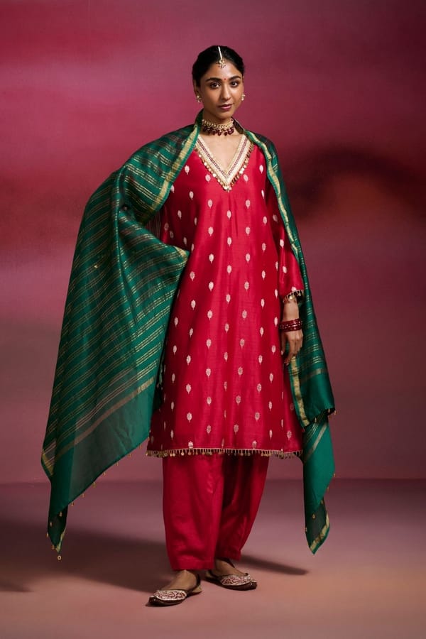 Sindoori Red Banarasi Brocade Flared Kurta Set — Dressfolk