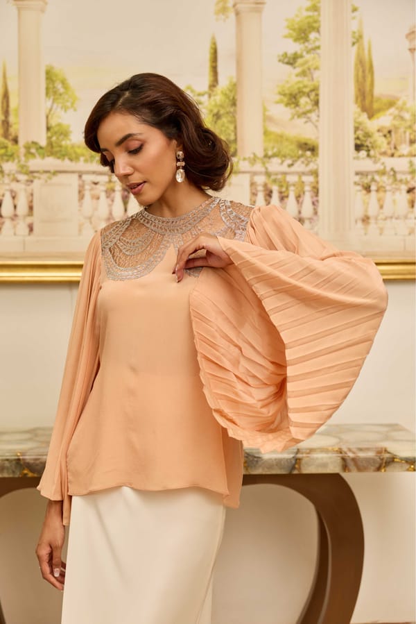 Grace Salmon Peach And Silver French Lace Crepe Top — DAREISS