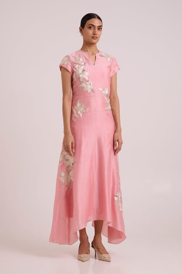 Blush Pink Chanderi Silk Floral Embroidered Maxi Dress — Madder Much