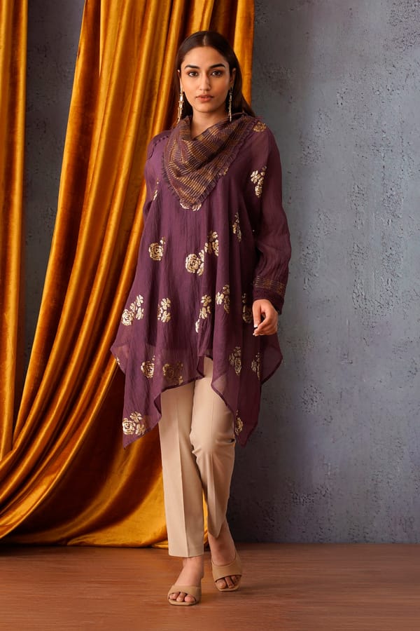 Sequin Embroidered Asymmetric Tunic with Cowl Neck — Omi Clothing