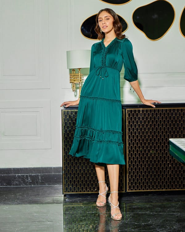 Green Satin V-Neck Tiered Midi Dress — Style Island