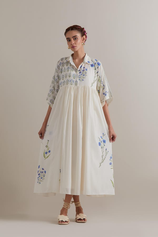 Off-White Cotton Floral Block Print Smock Midi Dress — Upavita