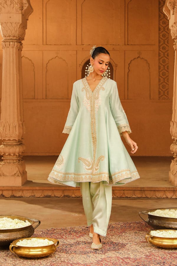 Misty Green Short Anarkali Suit Set with Dupatta — Sheetal Batra