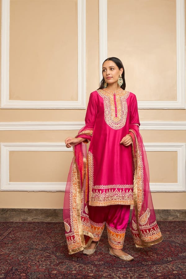 Hot Pink Embroidered Kurta Set with Salwar and Dupatta — Sheetal Batra