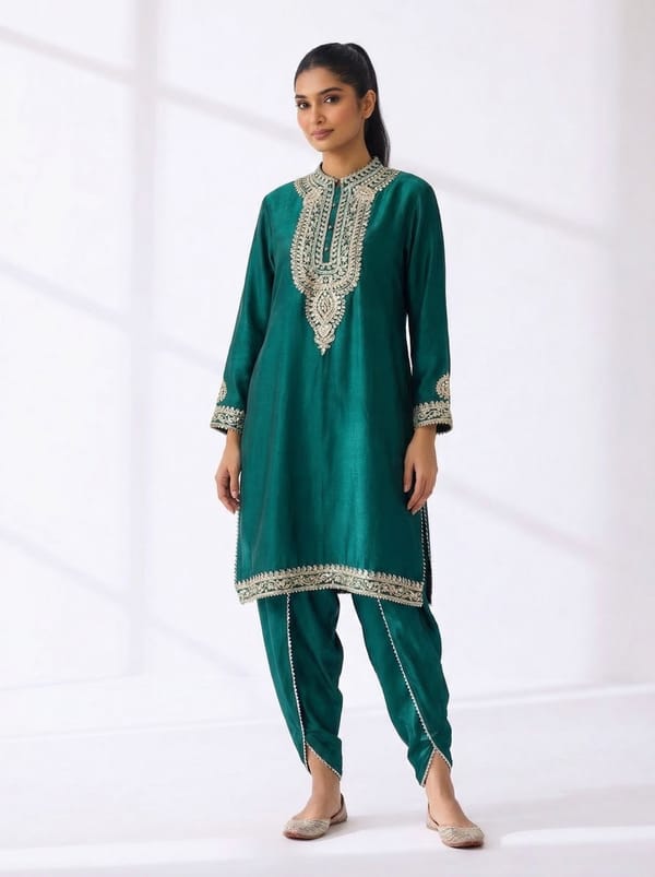 Emerald Green Embroidered Kurta Set with Draped Bottom — Sheetal Batra