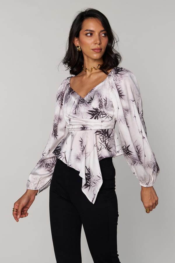 White Satin Printed V-Neck Peplum Top with Full Sleeves — Style Island
