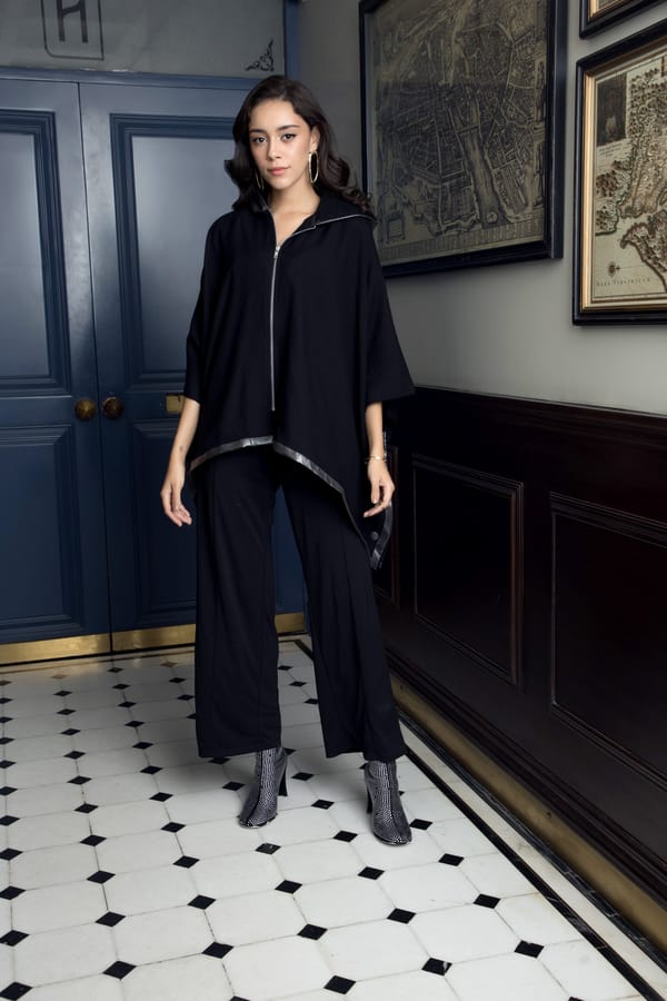 Black Wool Hooded Cape with Front Zipper — Rhe-Ana