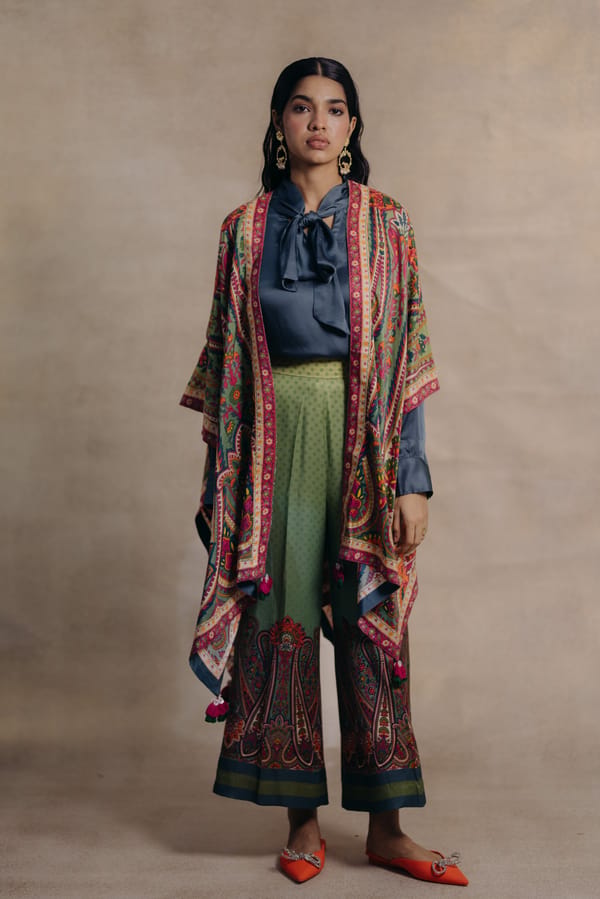 Green Ombre Wide-Leg Trousers with Border Print — Moh India