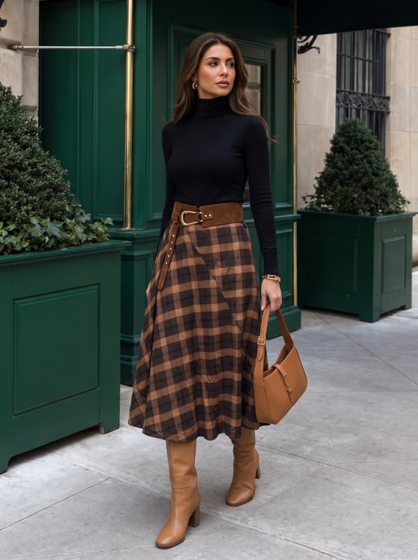 Brown Checked Belted Midi Skirt — AYRISS