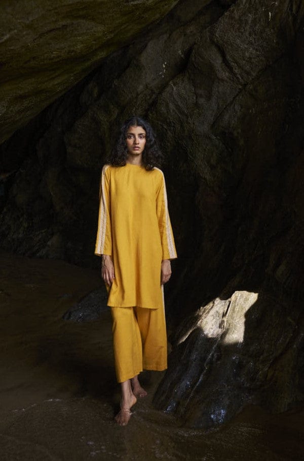 Mustard Straight-Leg Trousers with Side Embroidery — Dash and Dot