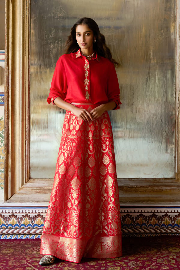 Embroidered Motif Textured Shirt & Benares Brocade Flared Maxi Skirt — Dash and Dot