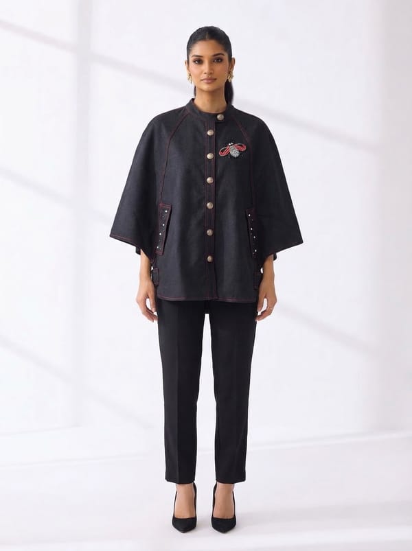 Black Button-Front Cape with Mandarin Collar — STITCH STORIES
