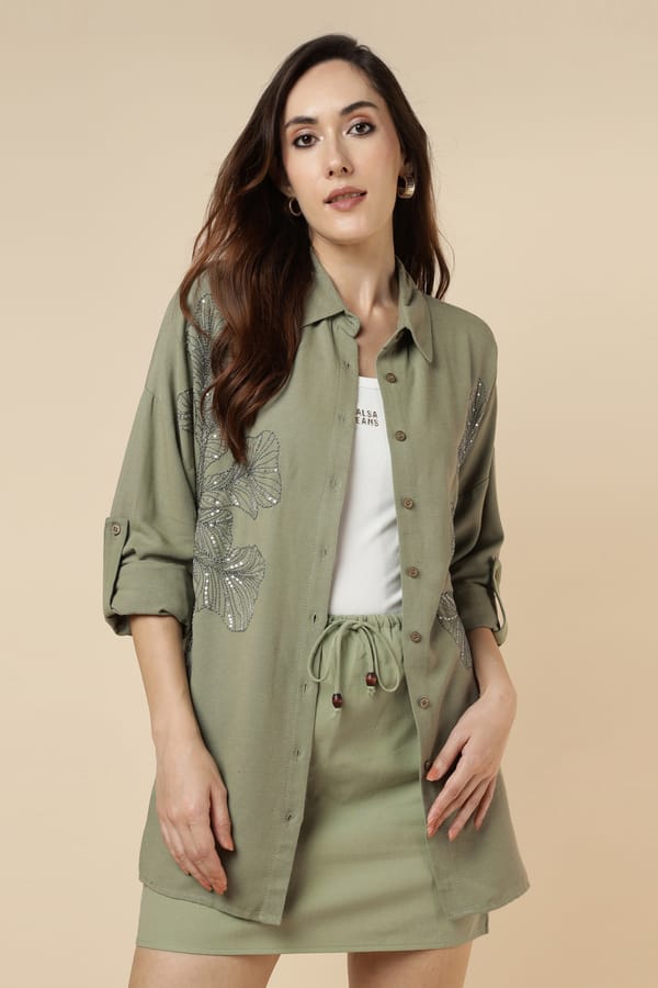 Green Longline Shirt with Sequin Foliage Motif — BURRASCA