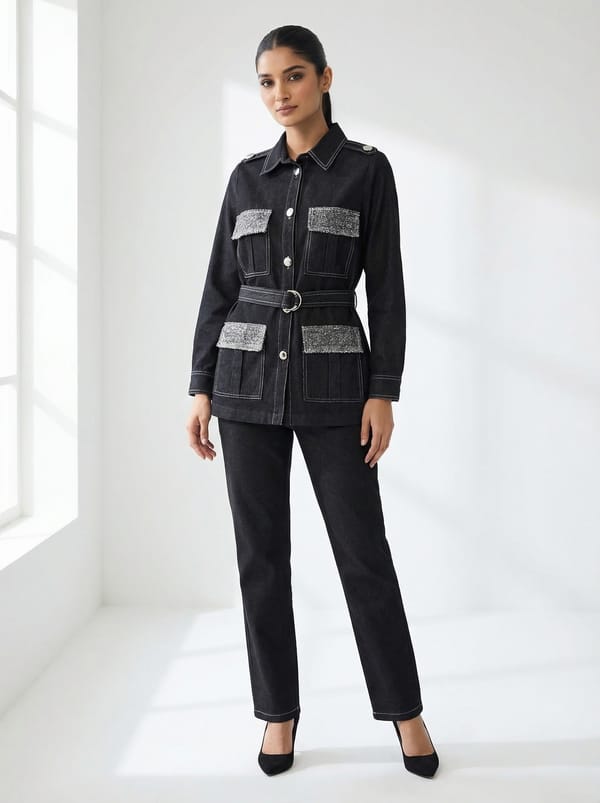 Black Denim Belted Shirt-Jacket and Pants Co-ord Set — BUMBLEBEE