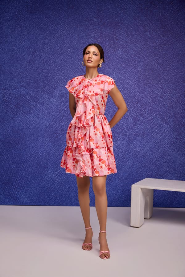 Red Printed Silk Organza Ruffle Mini Dress — Tara & I