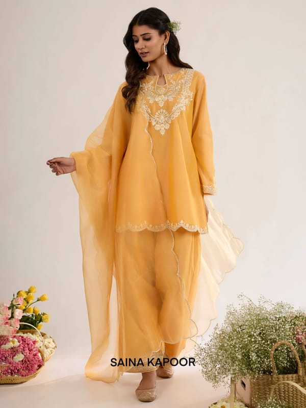 Chanderi Short Kurta with Farsha Salwar & Organza Dupatta — SAINA KAPOOR