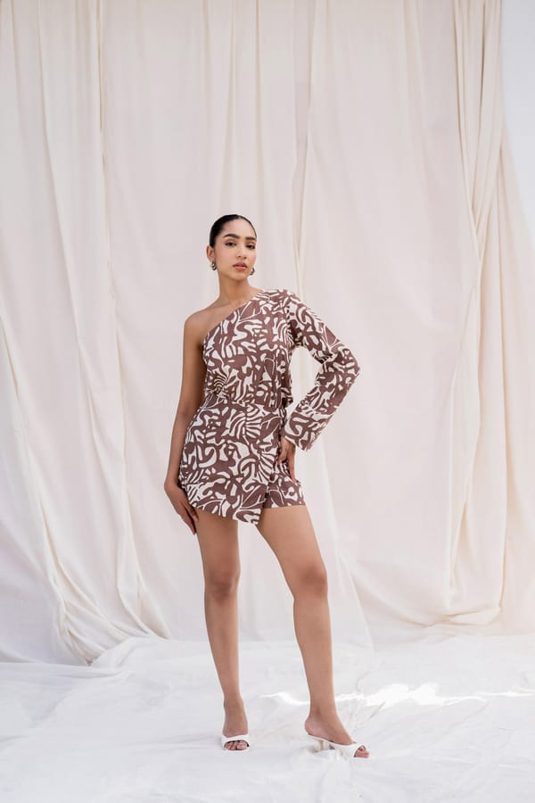 Brown Abstract Print High-Waist Mini Skort with Knot Detail — Urban Suburban