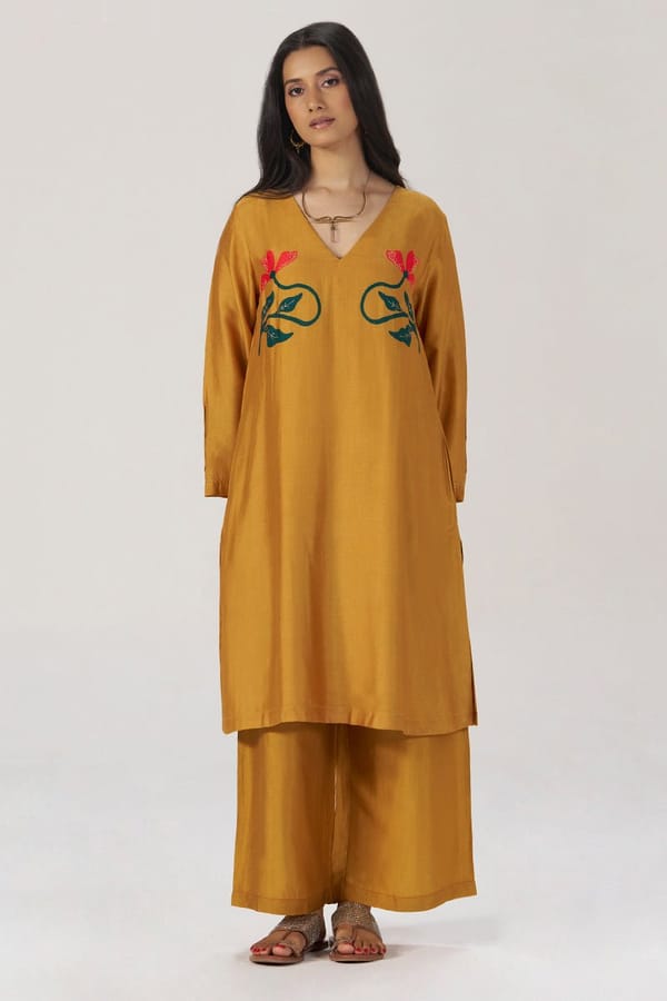 Mustard Floral Silk Festive Co-ord Set — Ganga Fashions Pvt Ltd