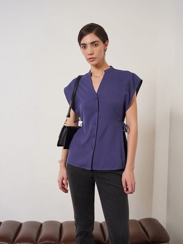 Blue V-Neck Button-Down Top with Side Tie Detail — Fable Street