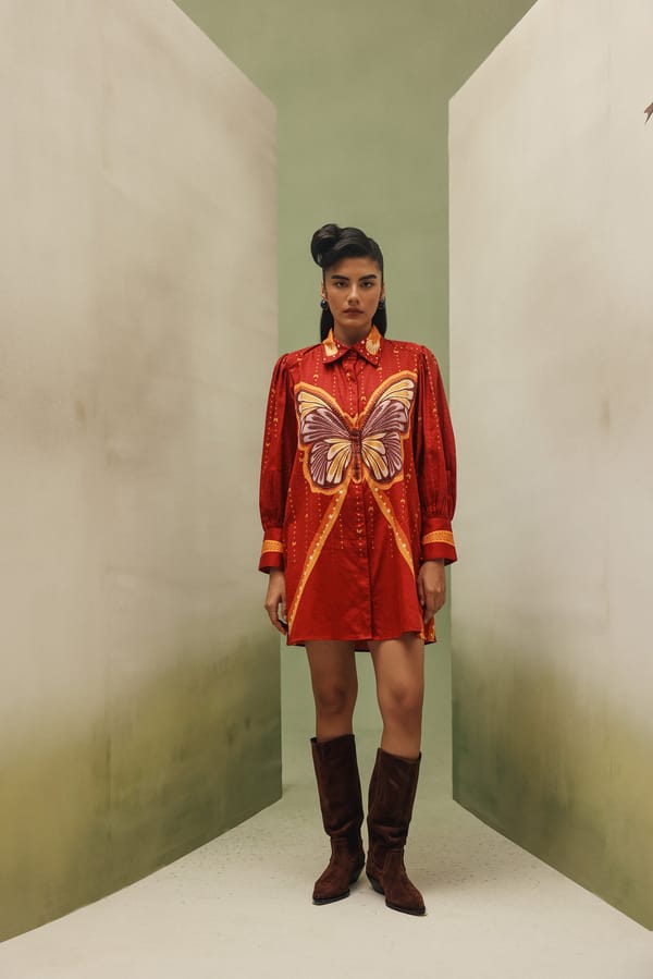 Red Butterfly Print Cotton Satin Mini Shirt Dress — SHOP NOIB