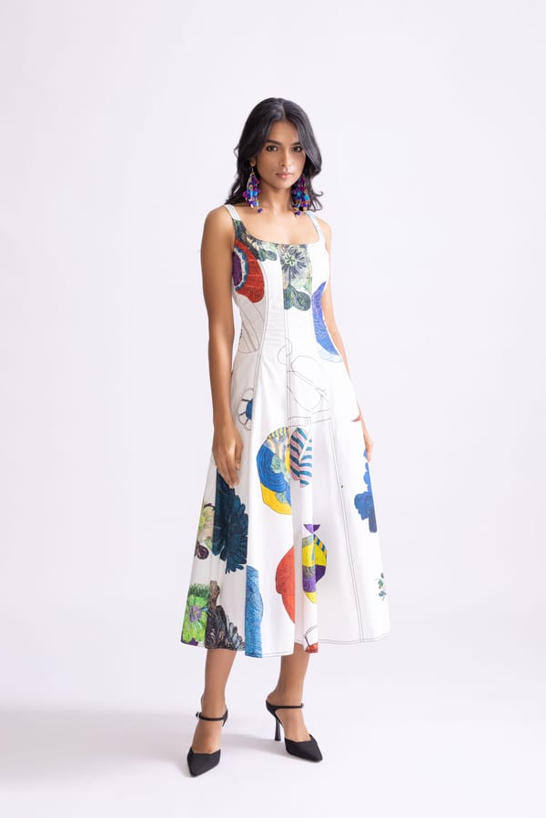 Ivory Multi Tribal Print Fit and Flare Midi Dress — Saaksha and Kinni