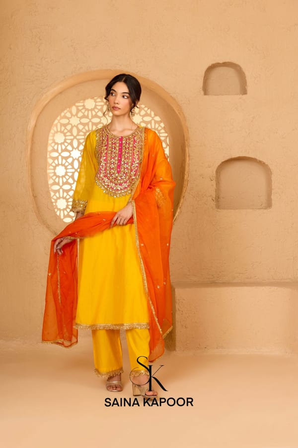 Yellow Cotton Chanderi Long Kurta Pant Set — SAINA KAPOOR