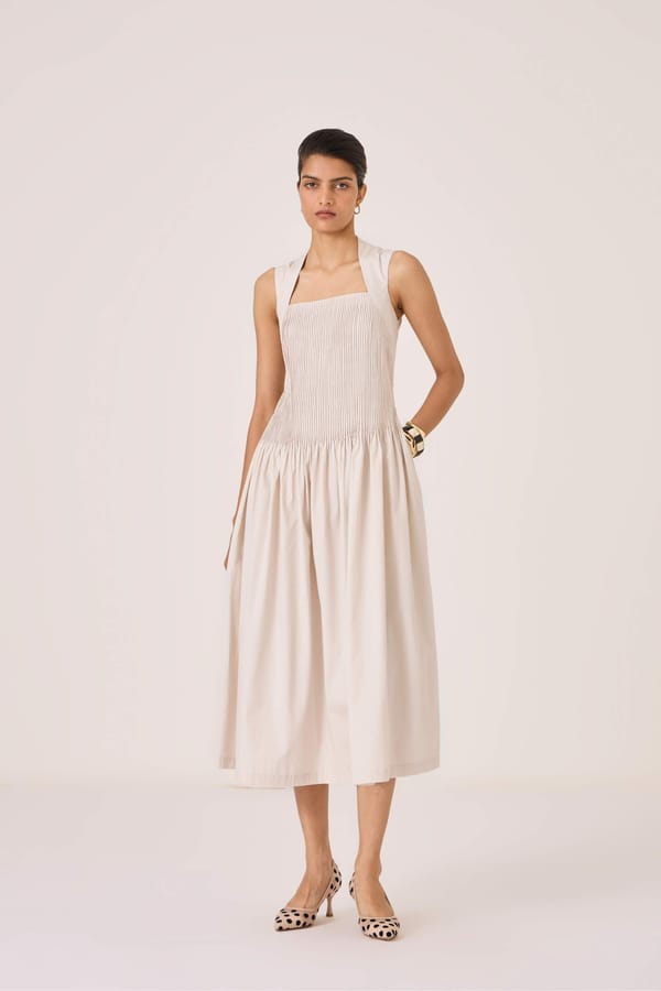 White Smocked Bodice Fit and Flare Midi Dress — The Summer House