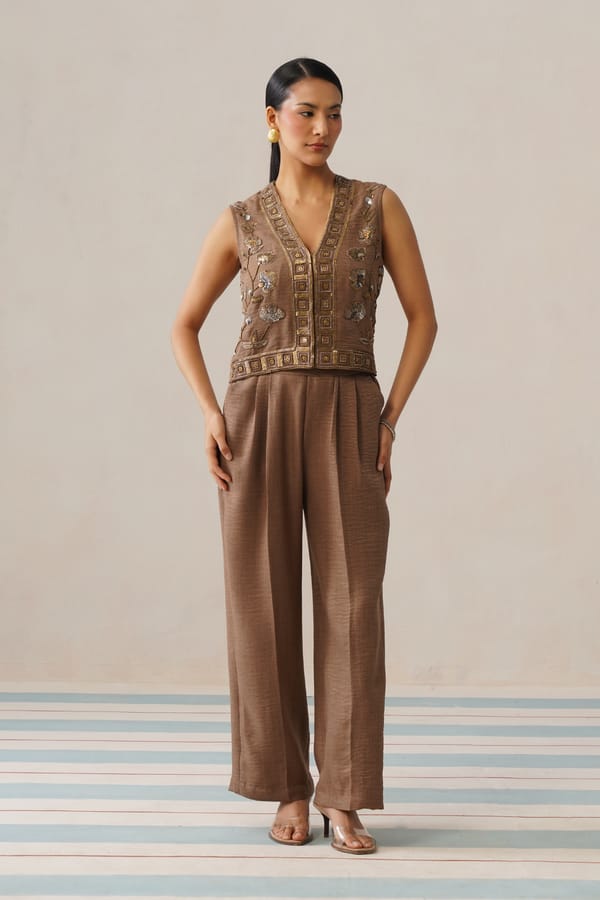 Siena Brown Embroidered Vest and Wide-Leg Co-ord Set — Armoire