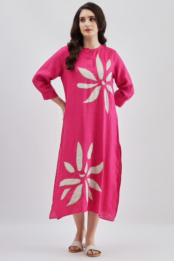 Fuschia Linen Straight Midi Dress with Contrast Applique — Linen Bloom