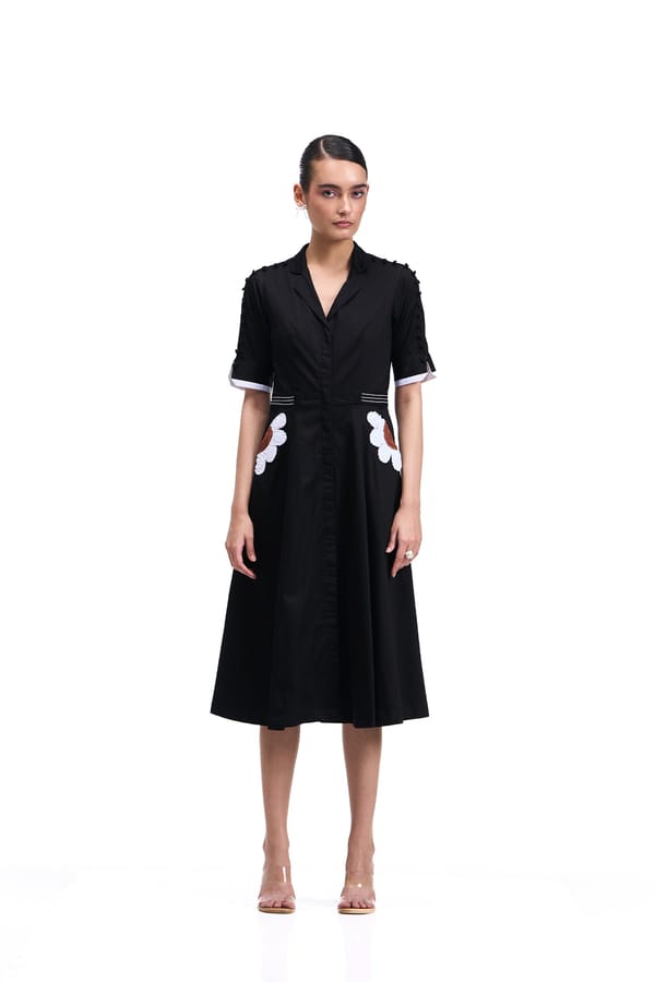 Black Cotton Twill A-Line Button-Down Midi Shirt Dress — Our Love
