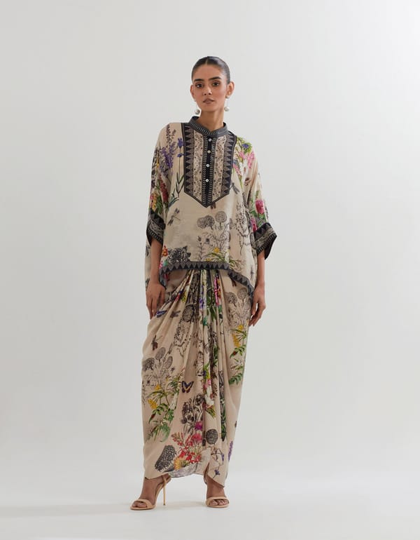 Multicolour Botanical Kaftan Top and Drape Skirt Set — Kavita Bhartia
