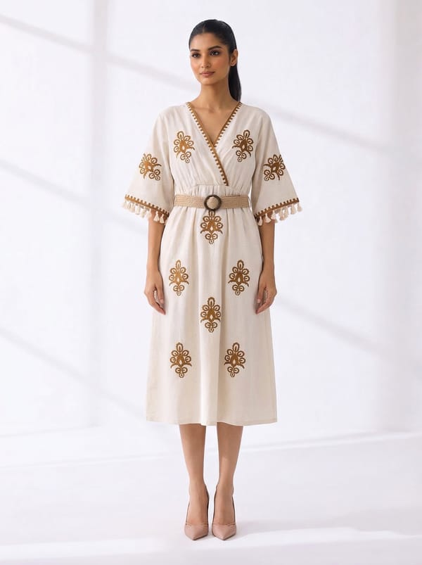 Natural Taba Embroidered Belted Midi Dress — ROBIN